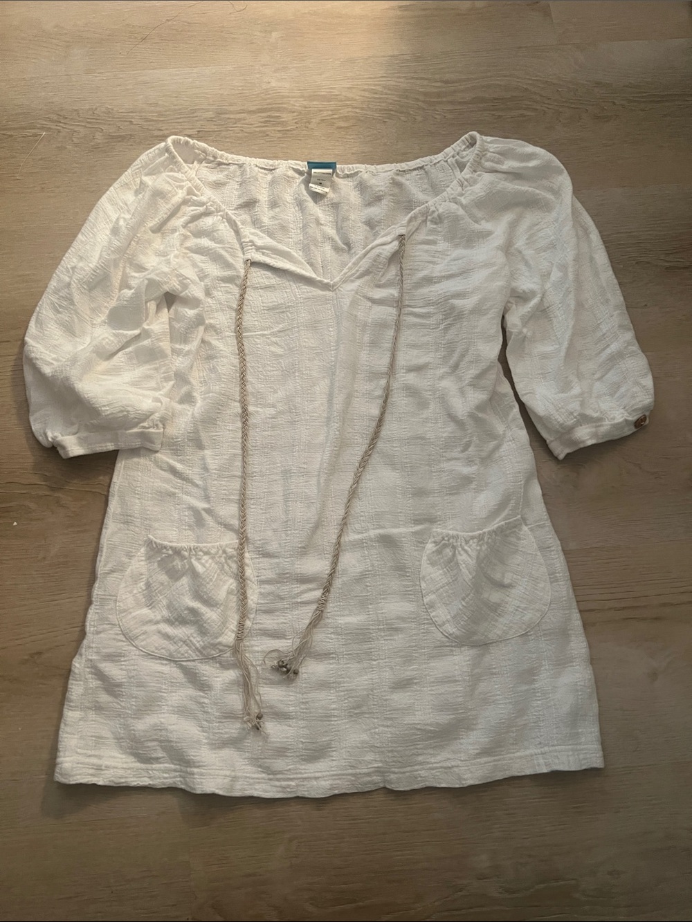 Dotti White Textured Boho Mini Dress coverup with Tie.